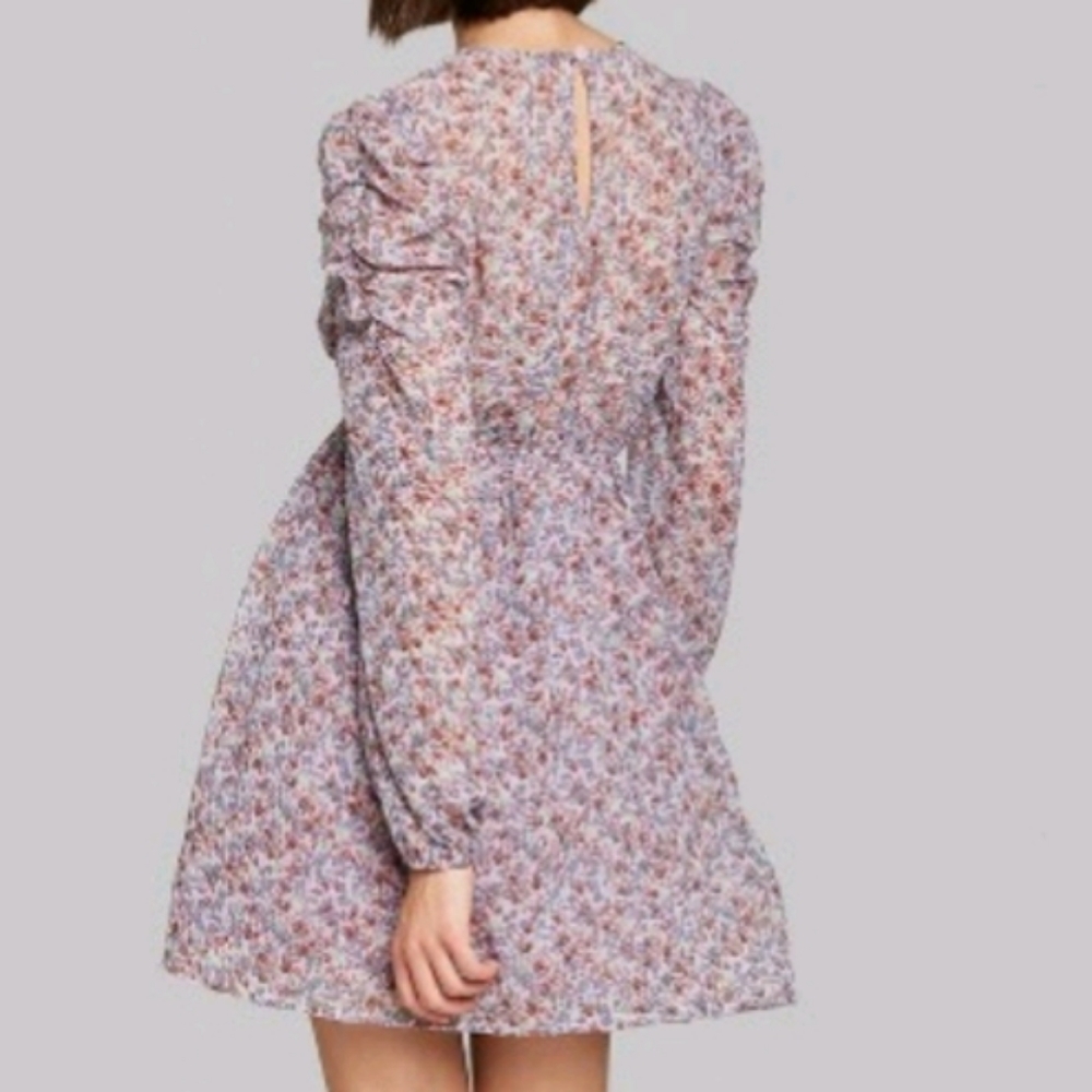 Floral Long Sleeve Deep Vneck Mini Dress Wild Fabl - Picture 3 of 4